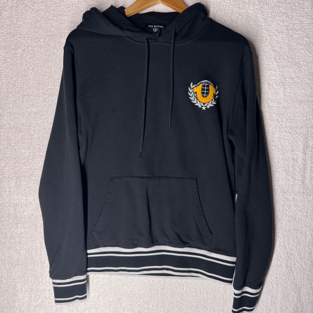 True Religion Collegiate Pullover Hoodie Men's Large Black Chenille Logo Y2K